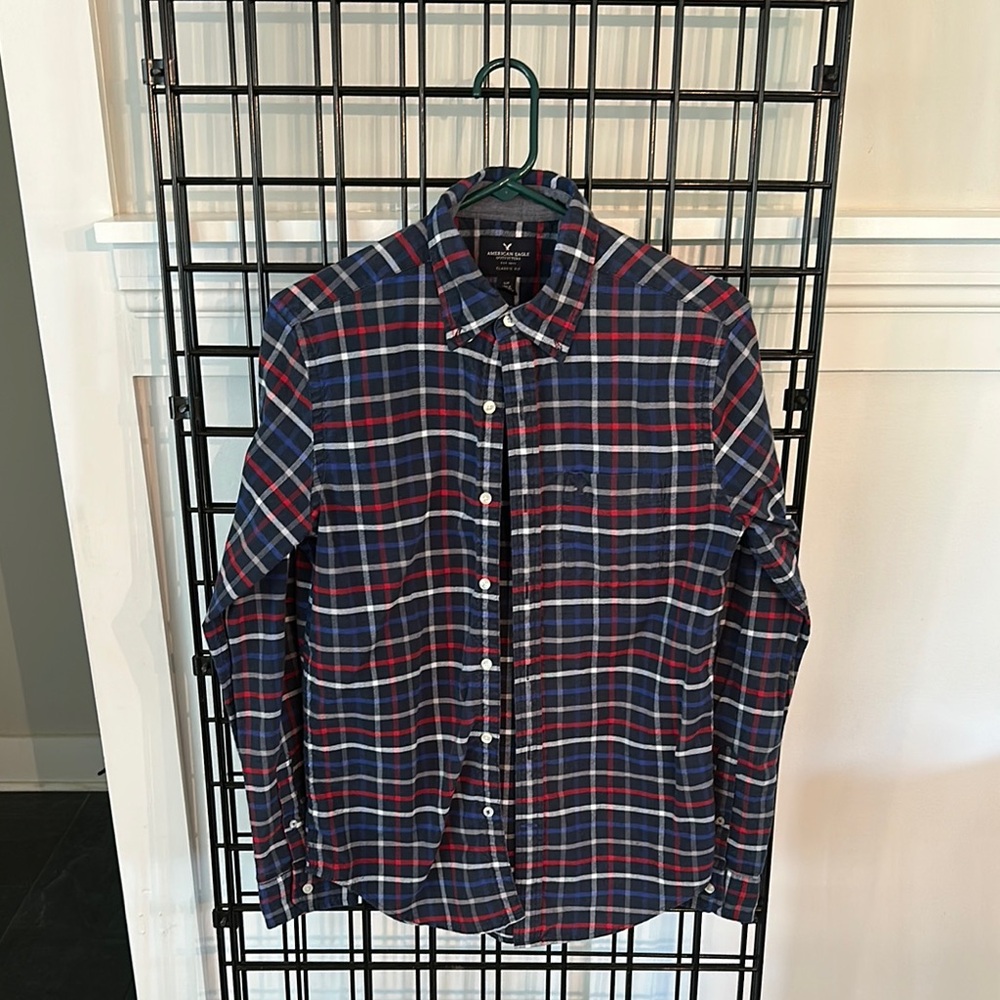 American Eagle Outfitters Men's Checkered Shirt - Blue and Red